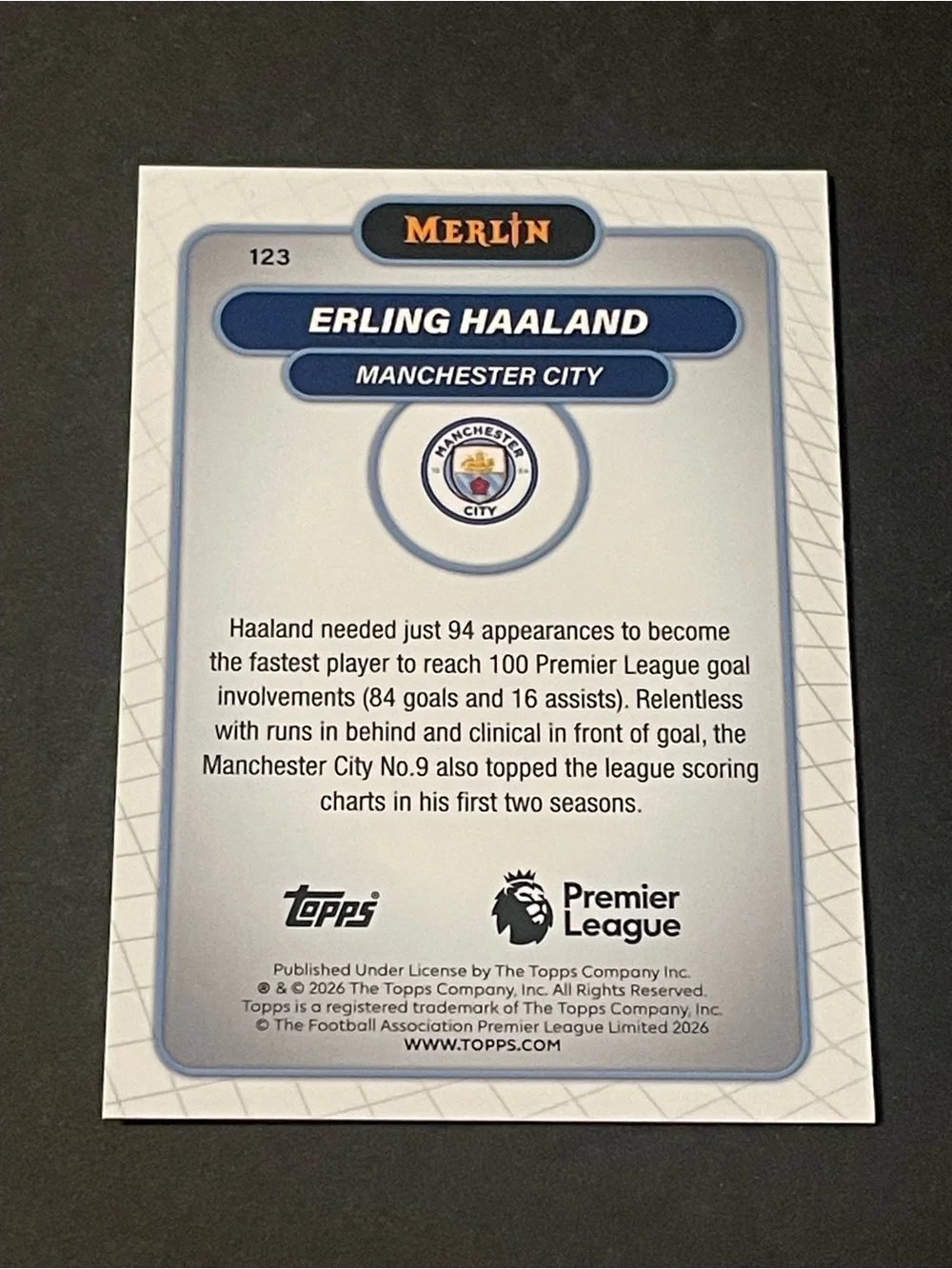 2026 Merlin Premier League Erling Haaland Manchester City #123 Base Card